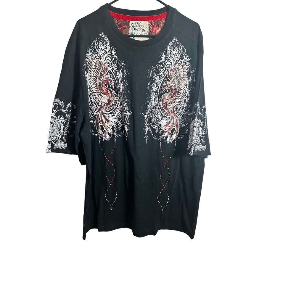 Ruthless Art Mens 2XL Black Phoenix Graphic T-Shirt Embroidered Rhinestone Y2K